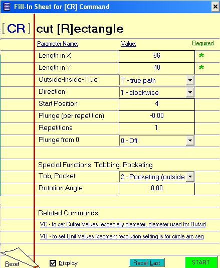 An example fillin sheet for the CR command